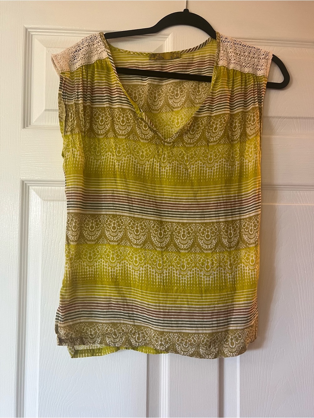 Prana Lace-Shoulder Striped V-Neck Blouse